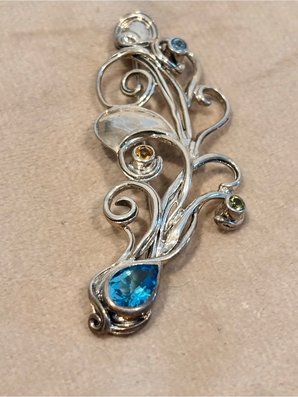 Vintage Designer 925 Sterling Silver & Precious Gemstone Embellished Brooch